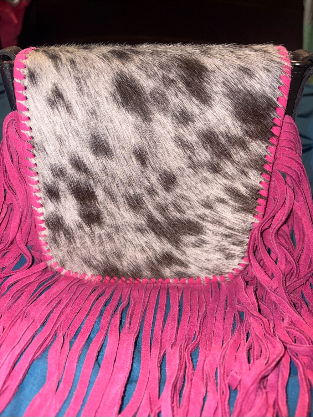 Montana West Fringe Crossbody Bag with Cowhide Panel and hot pink fringe - Picture 2 of 5